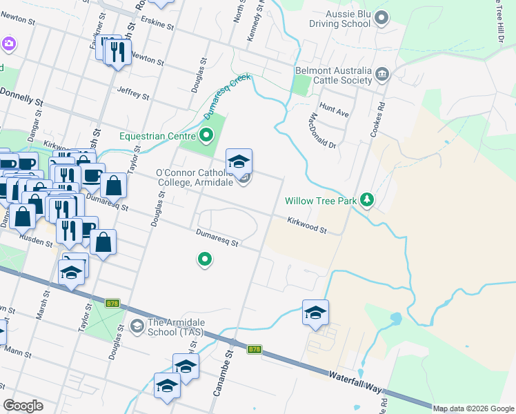 map of restaurants, bars, coffee shops, grocery stores, and more near 35 Kirkwood Street in Armidale