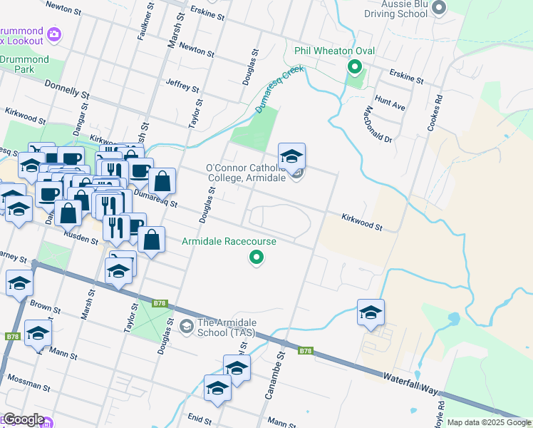 map of restaurants, bars, coffee shops, grocery stores, and more near LOT 1 Dumaresq Street in Armidale