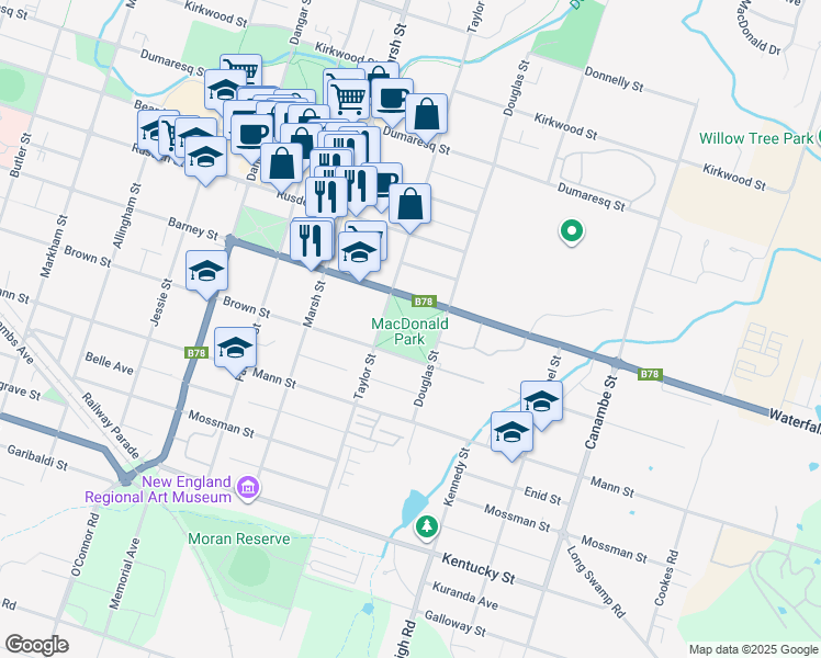map of restaurants, bars, coffee shops, grocery stores, and more near 40 Barney Street in Armidale