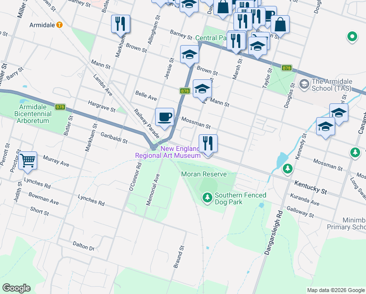 map of restaurants, bars, coffee shops, grocery stores, and more near Kentucky Street in Armidale