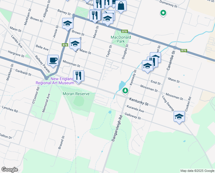map of restaurants, bars, coffee shops, grocery stores, and more near Kentucky Street in Armidale
