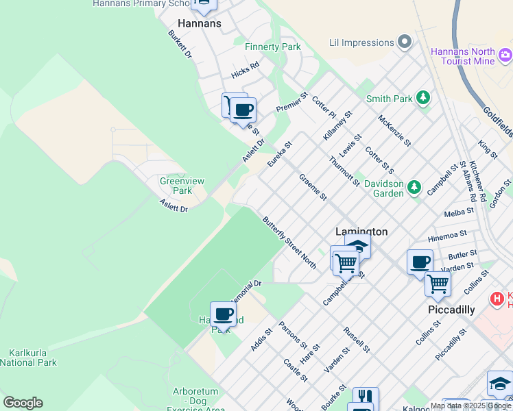 map of restaurants, bars, coffee shops, grocery stores, and more near 114 Killarney Street in Hannans