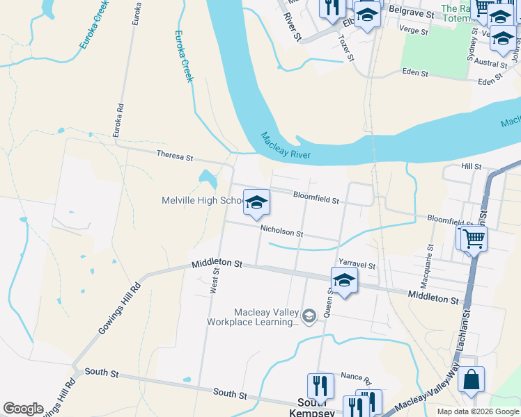 map of restaurants, bars, coffee shops, grocery stores, and more near 44-50 Nicholson Street in South Kempsey