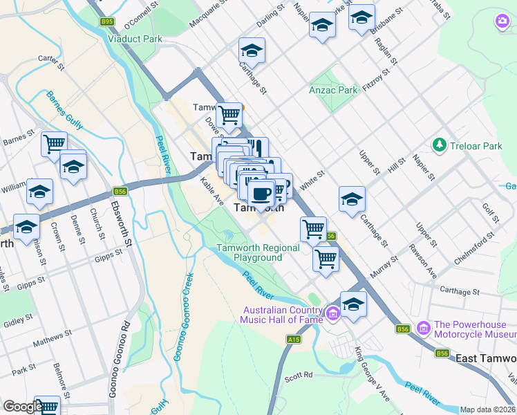 map of restaurants, bars, coffee shops, grocery stores, and more near in Tamworth Regional Council