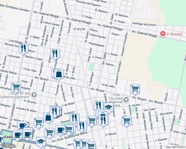map of restaurants, bars, coffee shops, grocery stores, and more near 222 Calle Bollinger in Rafaela