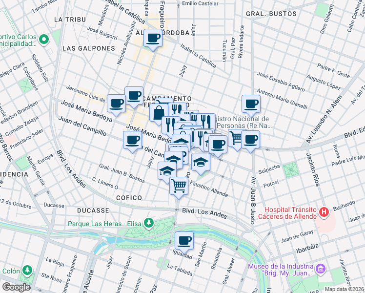 map of restaurants, bars, coffee shops, grocery stores, and more near 327 José María Bedoya in GUG