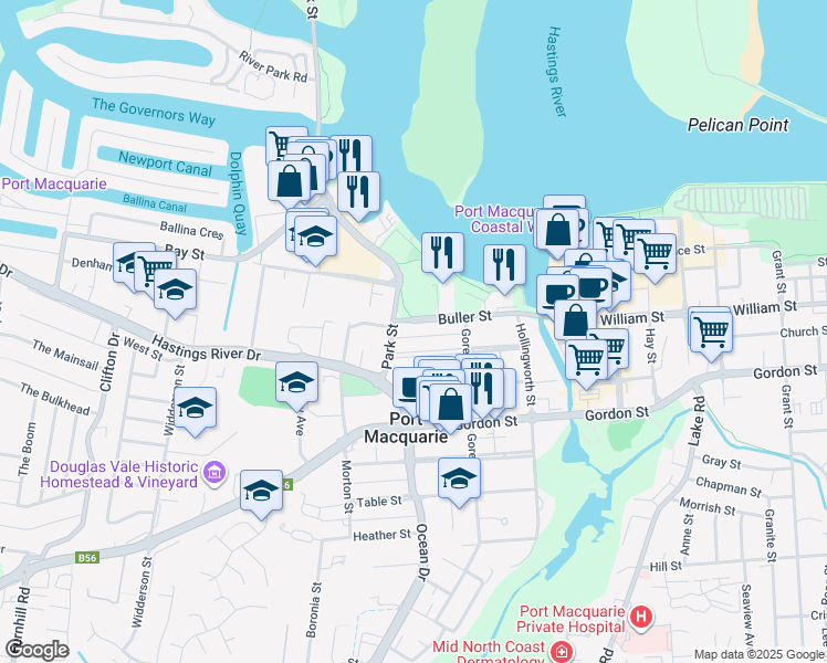map of restaurants, bars, coffee shops, grocery stores, and more near 38 Buller Street in Port Macquarie