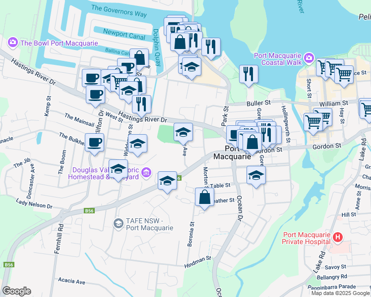 map of restaurants, bars, coffee shops, grocery stores, and more near Findlay Avenue in Port Macquarie