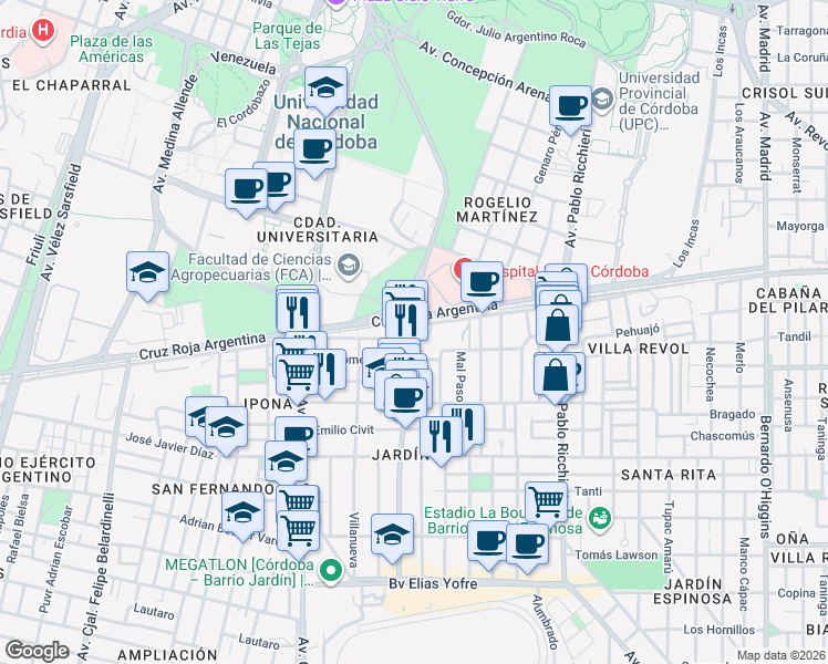 map of restaurants, bars, coffee shops, grocery stores, and more near 2709 Avenida Rogelio Nores Martínez in Córdoba