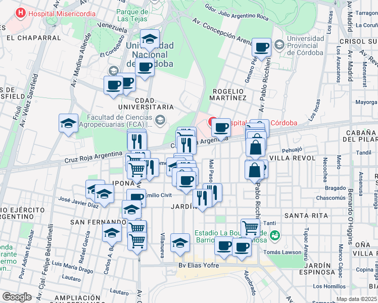 map of restaurants, bars, coffee shops, grocery stores, and more near 2709 Avenida Rogelio Nores Martínez in Córdoba