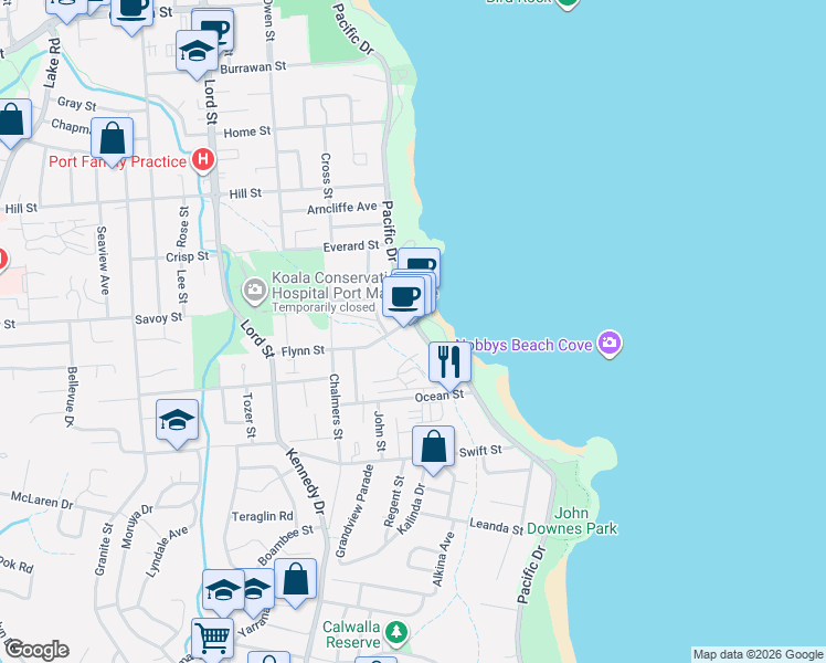 map of restaurants, bars, coffee shops, grocery stores, and more near 53 Pacific Drive in Port Macquarie