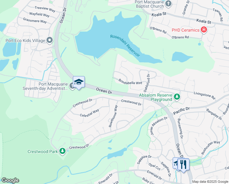 map of restaurants, bars, coffee shops, grocery stores, and more near Ocean Drive in Port Macquarie