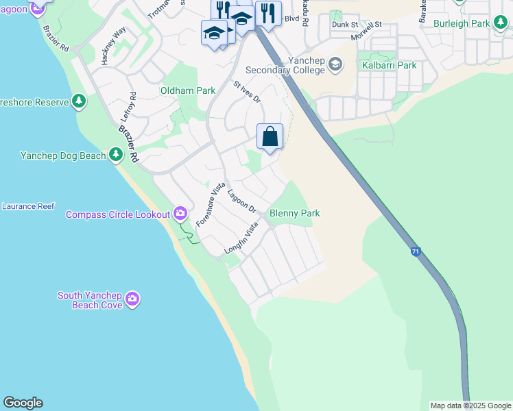 map of restaurants, bars, coffee shops, grocery stores, and more near 148 Lagoon Drive in Yanchep