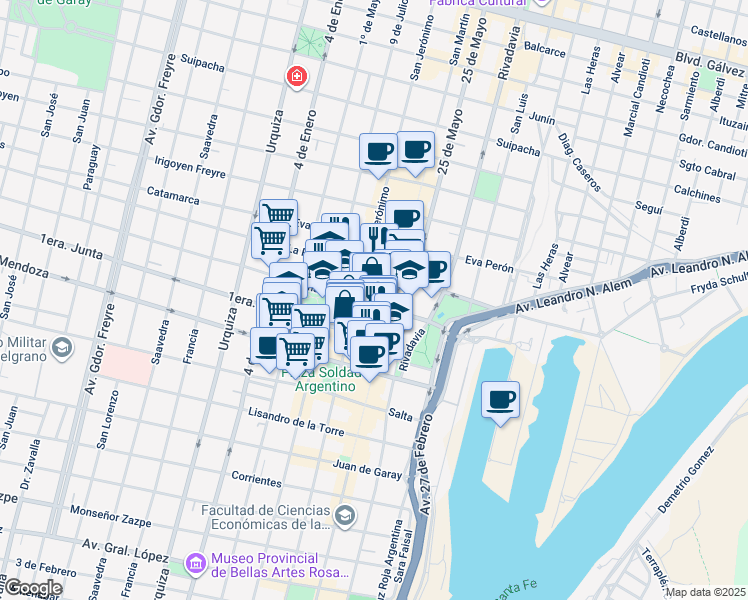 map of restaurants, bars, coffee shops, grocery stores, and more near 2644 Tucumán in Santa Fe