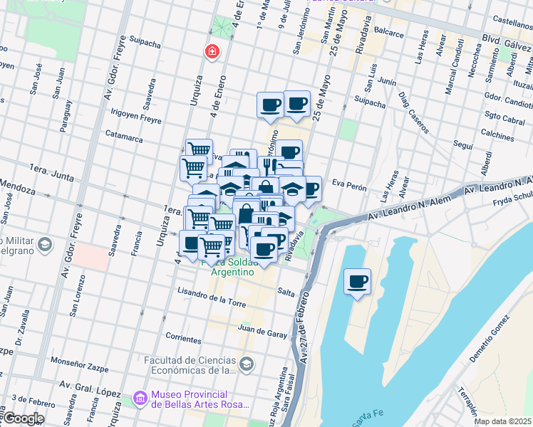 map of restaurants, bars, coffee shops, grocery stores, and more near 2644 Tucumán in Santa Fe