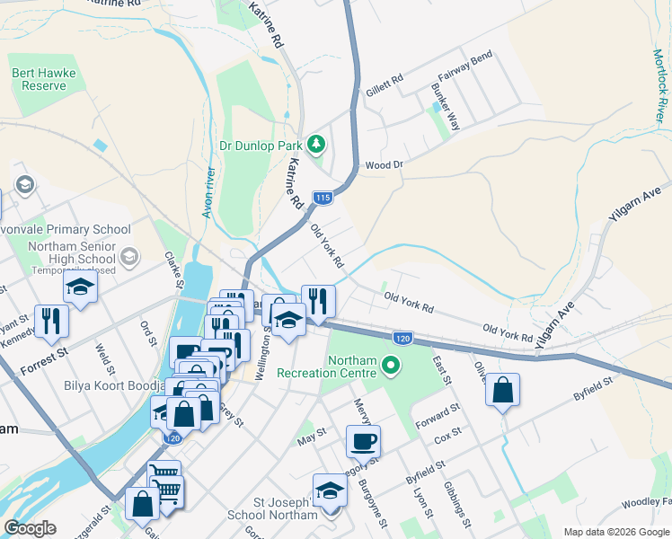 map of restaurants, bars, coffee shops, grocery stores, and more near 36 Old York Road in Northam