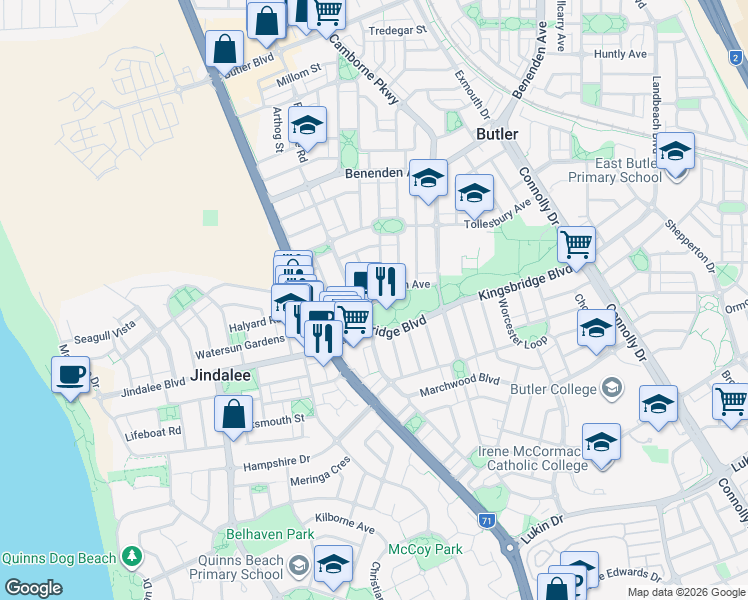 map of restaurants, bars, coffee shops, grocery stores, and more near 12 Wadhurst Road in Butler