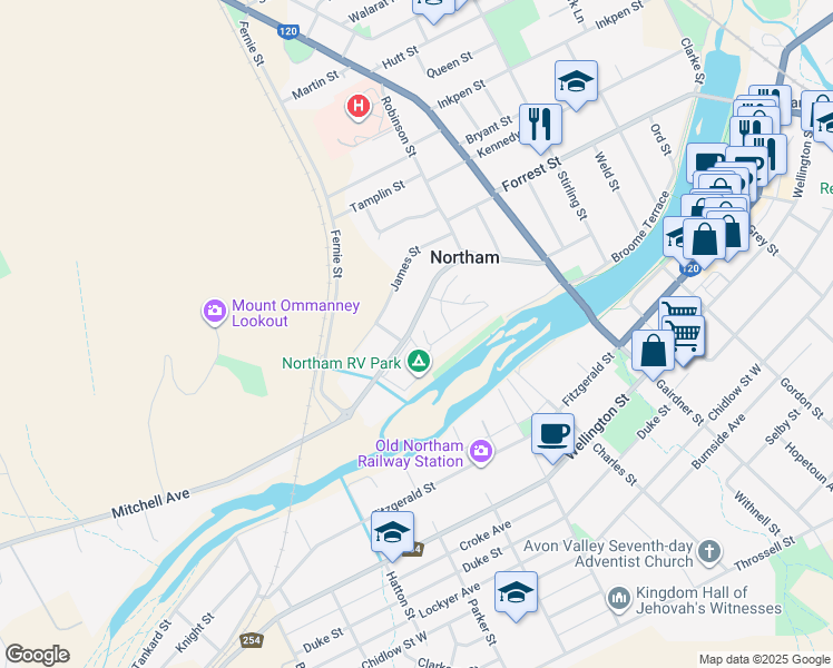 map of restaurants, bars, coffee shops, grocery stores, and more near 53 Mitchell Avenue in Northam