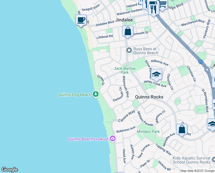 map of restaurants, bars, coffee shops, grocery stores, and more near 22 Dartmouth Circle in Quinns Rocks