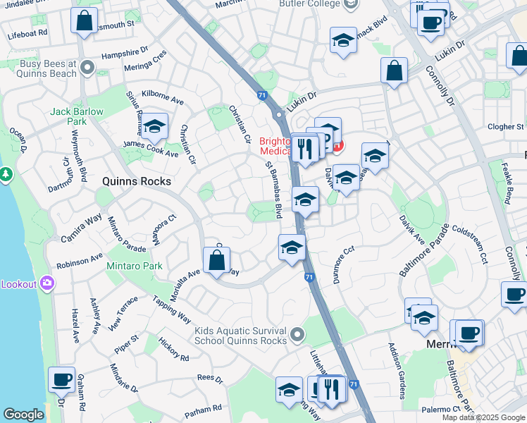 map of restaurants, bars, coffee shops, grocery stores, and more near 1 Foundation Loop in Quinns Rocks