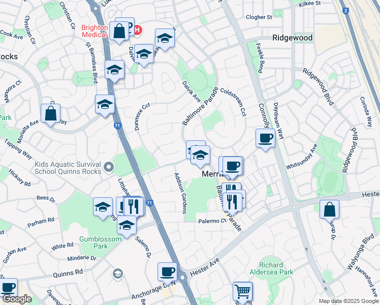 map of restaurants, bars, coffee shops, grocery stores, and more near 75 Baltimore Parade in Merriwa