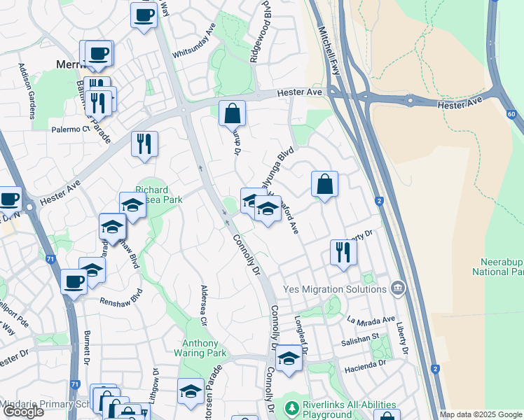 map of restaurants, bars, coffee shops, grocery stores, and more near 16 Walyunga Boulevard in Clarkson
