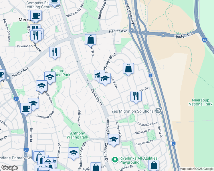 map of restaurants, bars, coffee shops, grocery stores, and more near 16 Walyunga Boulevard in Clarkson