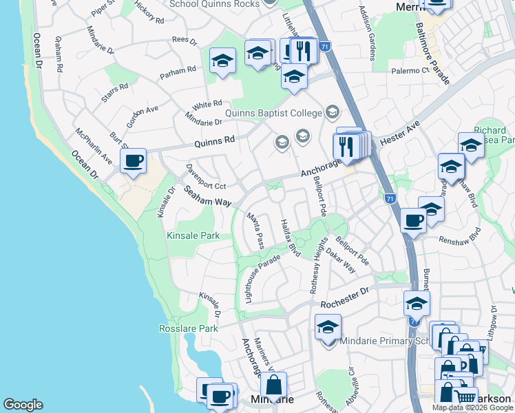 map of restaurants, bars, coffee shops, grocery stores, and more near 7 Andros Circuit in Mindarie