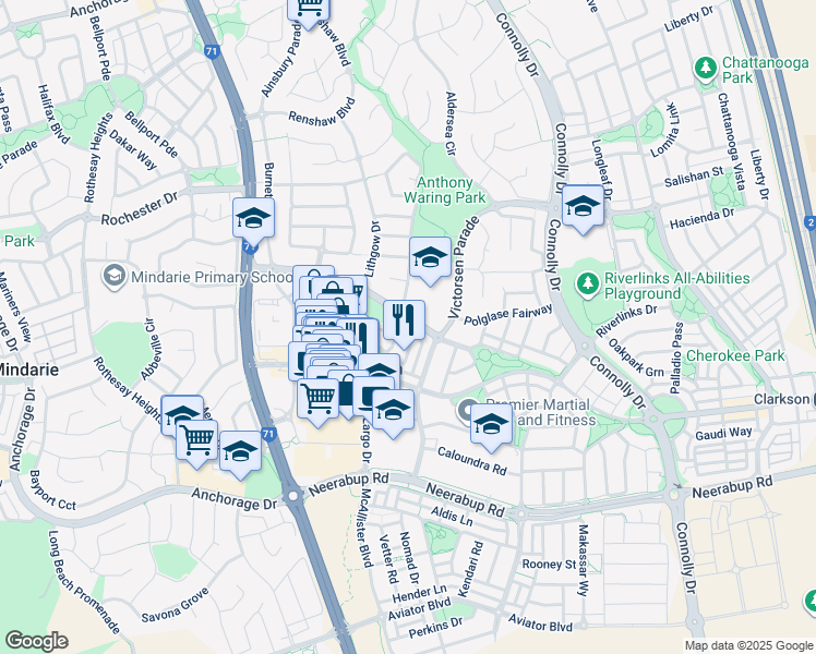map of restaurants, bars, coffee shops, grocery stores, and more near 23 Melbourne Loop in Clarkson