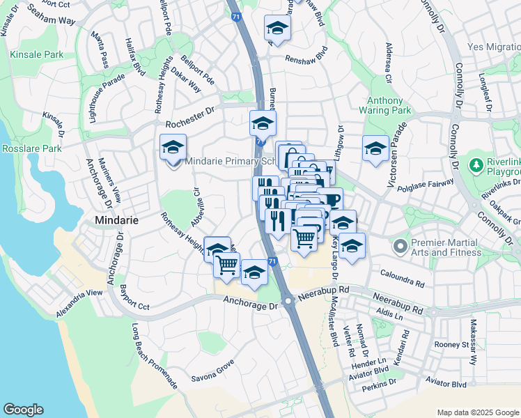 map of restaurants, bars, coffee shops, grocery stores, and more near Marmion Avenue in Clarkson