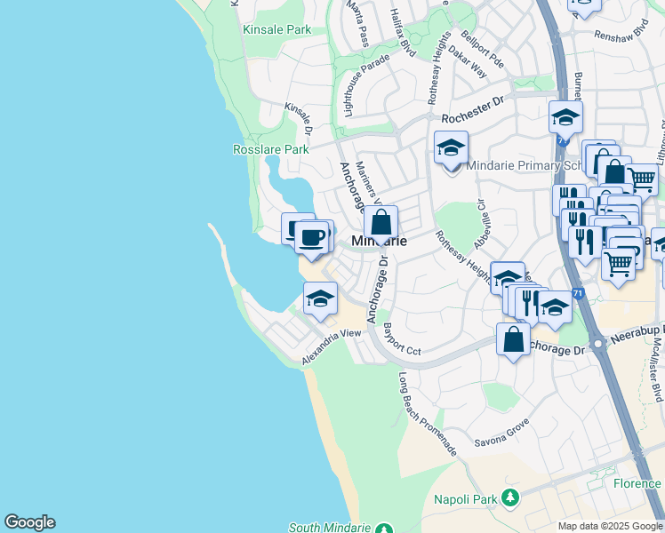 map of restaurants, bars, coffee shops, grocery stores, and more near 5 Boston Quays in Mindarie
