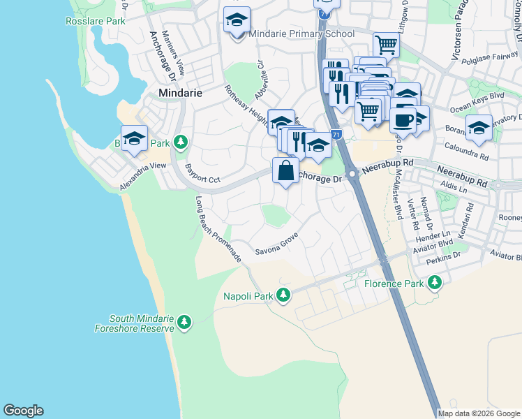 map of restaurants, bars, coffee shops, grocery stores, and more near Tauranga Retreat in Mindarie