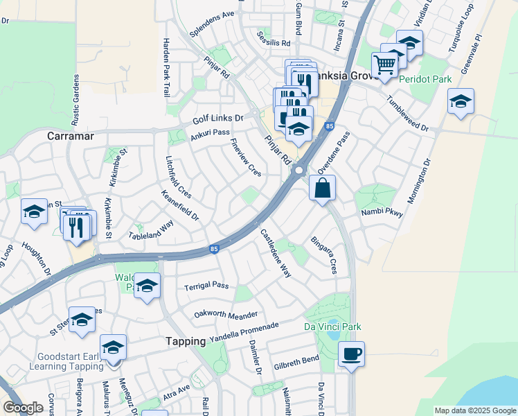 map of restaurants, bars, coffee shops, grocery stores, and more near 29 Enfield Turn in Carramar