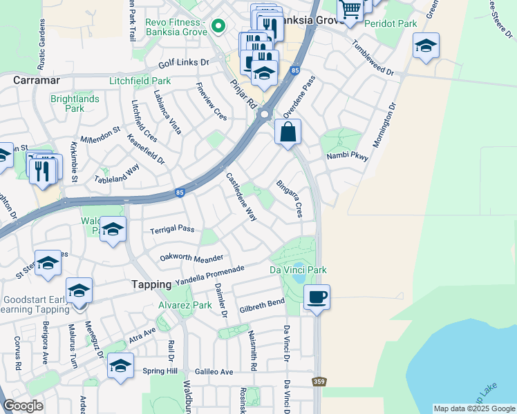 map of restaurants, bars, coffee shops, grocery stores, and more near 16 Kareela Meander in Tapping