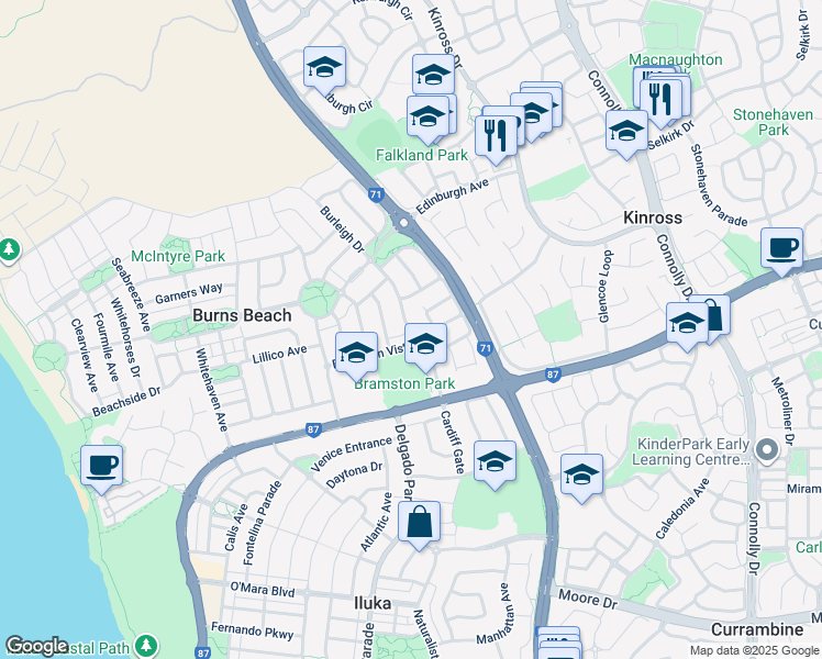 map of restaurants, bars, coffee shops, grocery stores, and more near Mattingleys Approach in Burns Beach