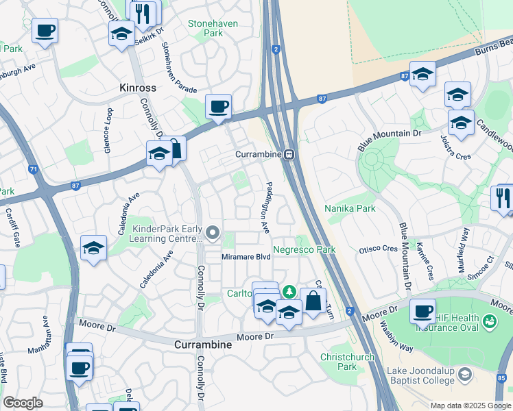 map of restaurants, bars, coffee shops, grocery stores, and more near 4 Chifley Lane in Currambine