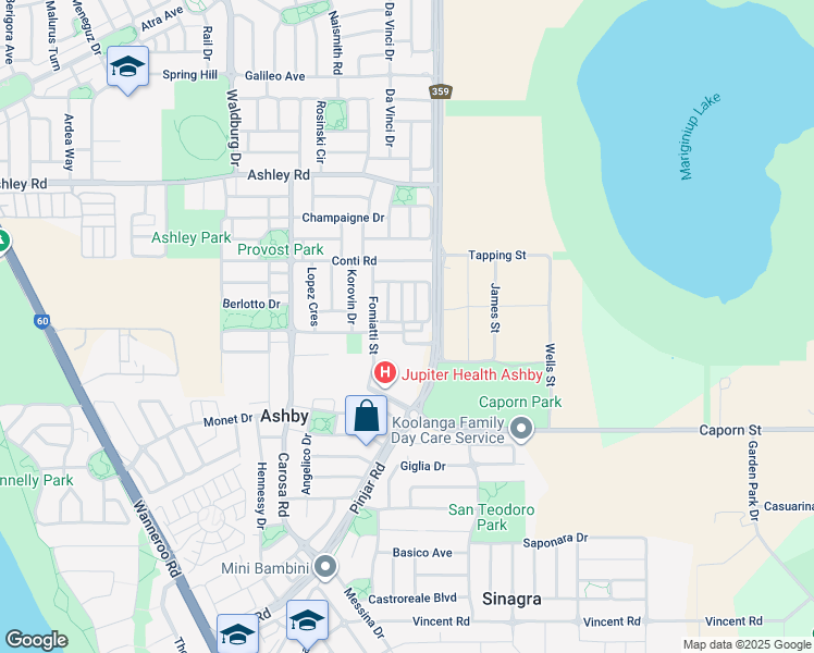 map of restaurants, bars, coffee shops, grocery stores, and more near 22 Roccella Loop in Ashby
