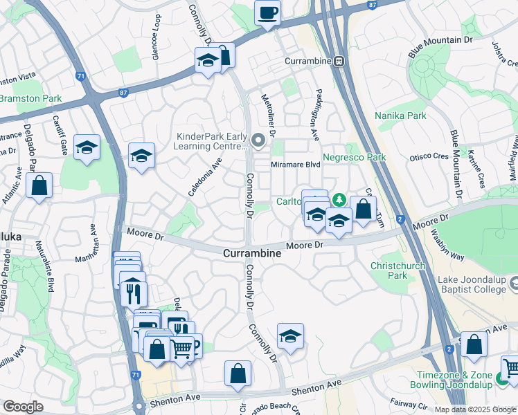 map of restaurants, bars, coffee shops, grocery stores, and more near 6 Fairmont Place in Currambine