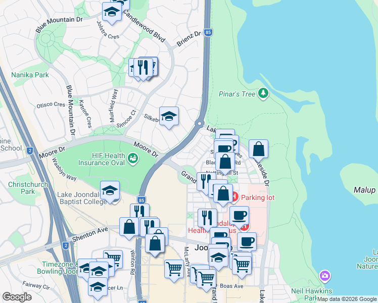 map of restaurants, bars, coffee shops, grocery stores, and more near 2 Charing Cross Road in Joondalup