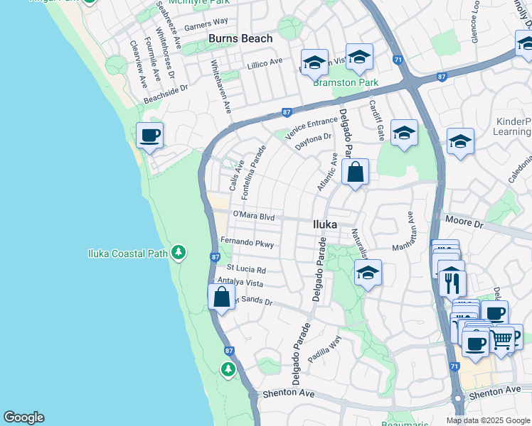 map of restaurants, bars, coffee shops, grocery stores, and more near 64 O'Mara Boulevard in Iluka