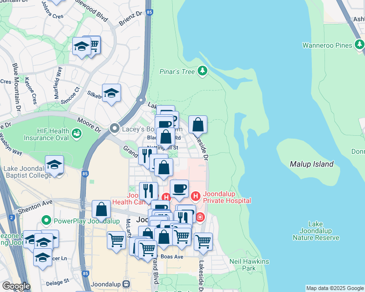 map of restaurants, bars, coffee shops, grocery stores, and more near 57 Nottinghill Street in Joondalup