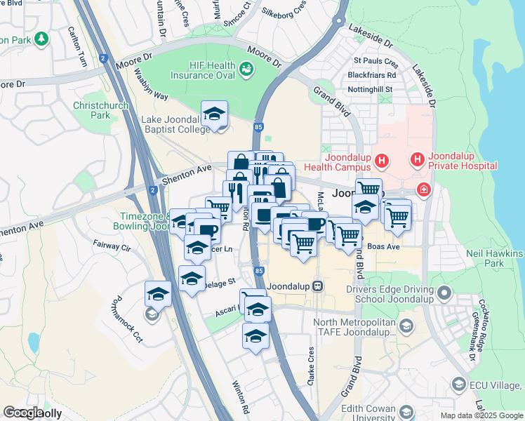 map of restaurants, bars, coffee shops, grocery stores, and more near 420 Joondalup Drive in Joondalup