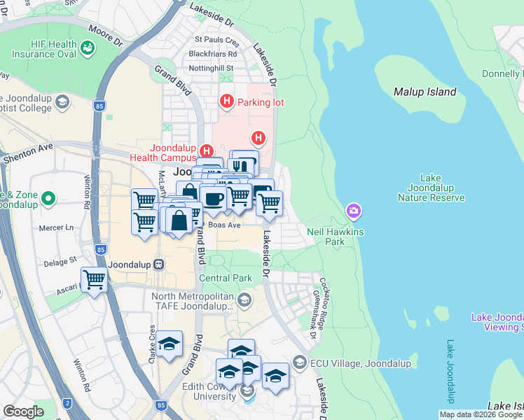 map of restaurants, bars, coffee shops, grocery stores, and more near 189 Lakeside Drive in Joondalup