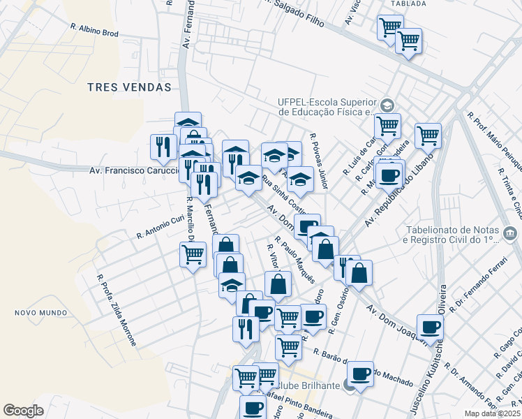 map of restaurants, bars, coffee shops, grocery stores, and more near 1087 Avenida Dom Joaquim in Pelotas