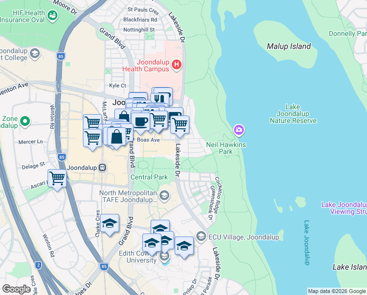 map of restaurants, bars, coffee shops, grocery stores, and more near 172 Lakeside Drive in Joondalup