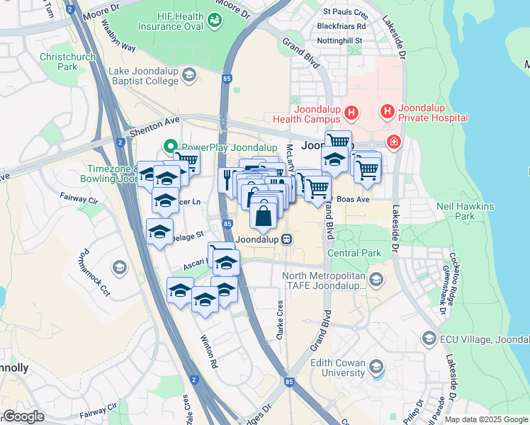 map of restaurants, bars, coffee shops, grocery stores, and more near 420 Joondalup Drive in Joondalup