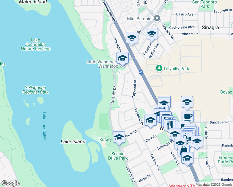 map of restaurants, bars, coffee shops, grocery stores, and more near 45 Downing Crescent in Wanneroo