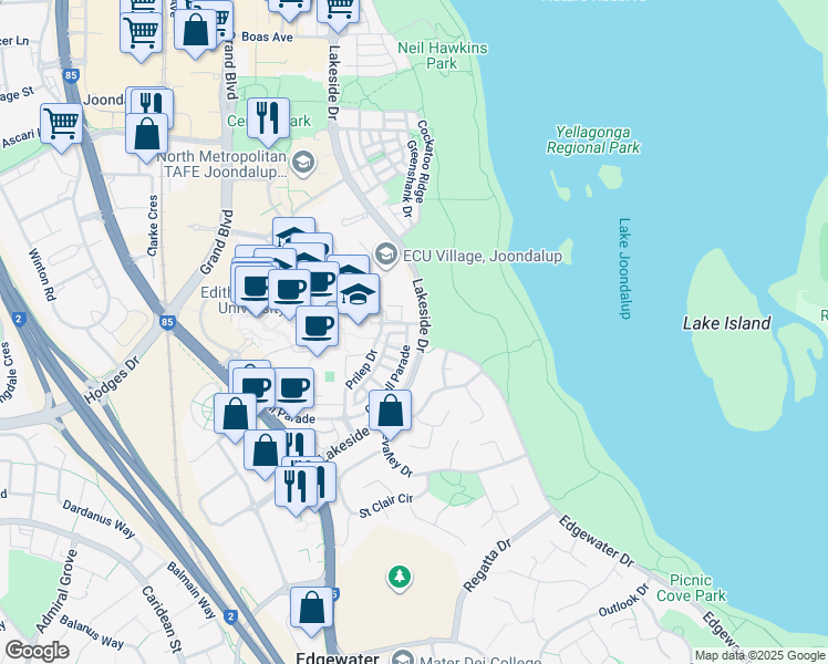 map of restaurants, bars, coffee shops, grocery stores, and more near 61 Lakeside Drive in Joondalup