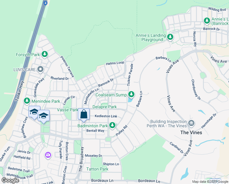 map of restaurants, bars, coffee shops, grocery stores, and more near 8 Midgegooroo Street in Ellenbrook