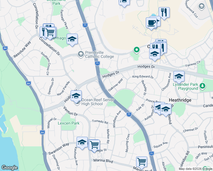 map of restaurants, bars, coffee shops, grocery stores, and more near 39 Oakover Way in Heathridge